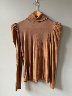 Caramel Brown ribbed Puff Shoulder Turtleneck Top  XS